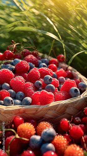 Juicy berries of strawberries  raspberries  blueberries in a basket on the lawn. Generative AI