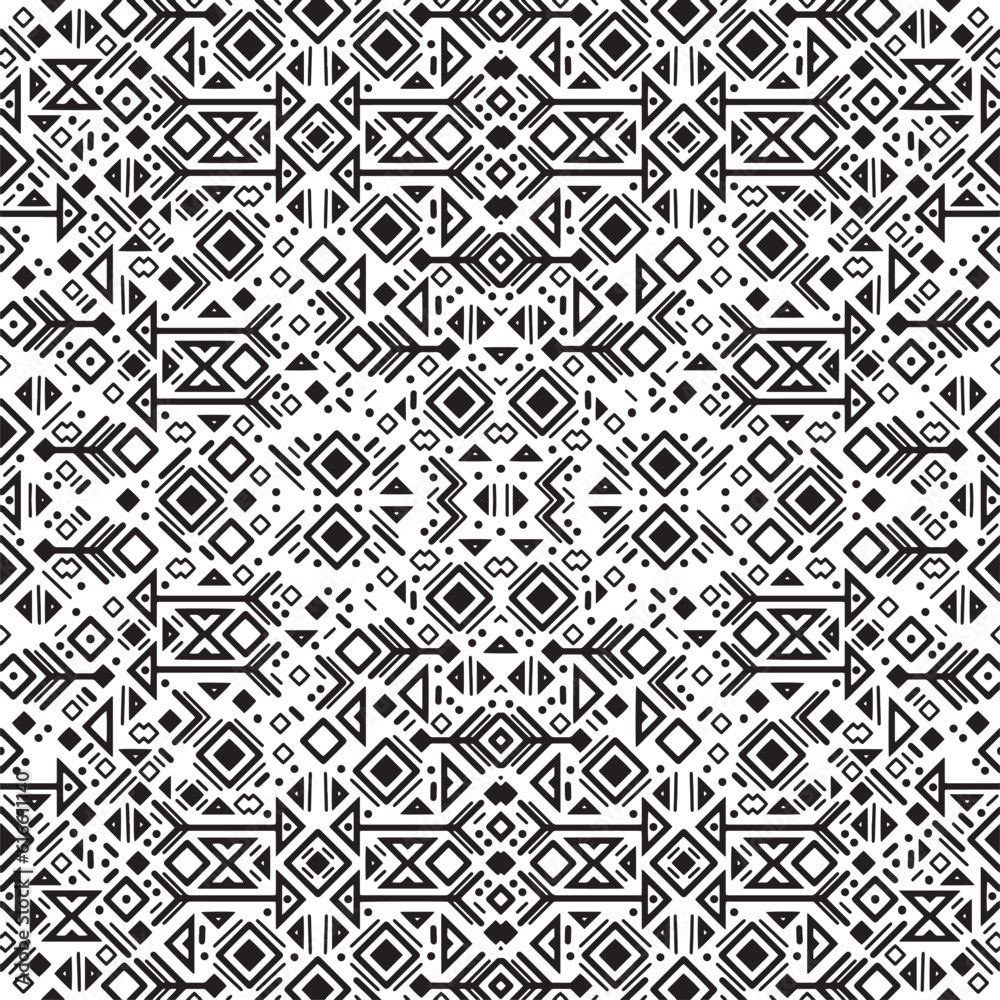 Vector tribal cover background decorative geometric seamless. Seamless geometric pattern. Black and white ornament. Vector illustration. Ethnic and tribal motifs.