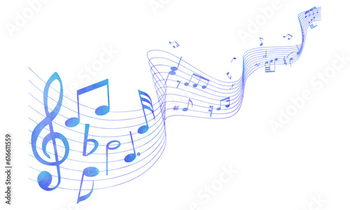 Watercolor music note wave. Music notes melody on white background.