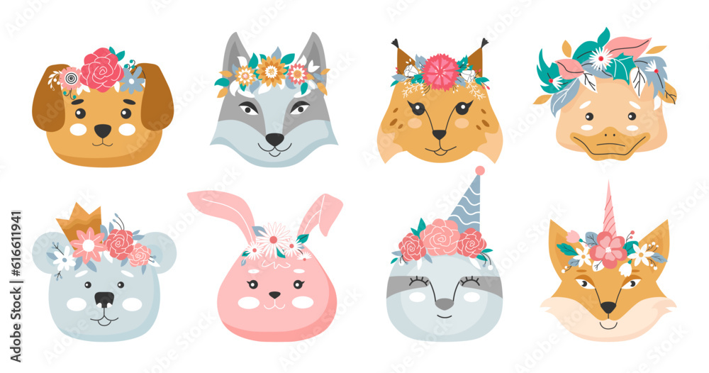 Animal heads in flower crowns set. Cute vector illustration for children design, poster, birthday greeting cards. 
