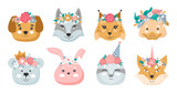 Animal heads in flower crowns set. Cute vector illustration for children design, poster, birthday greeting cards. 