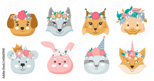 Animal heads in flower crowns set. Cute vector illustration for children design  poster  birthday greeting cards. 