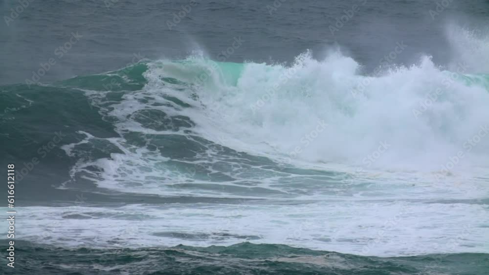 Slow Motion Panning Shot Of Huge Waves Splashing Water In Sea - Oahu, Hawaii Slow Motion Panning Shot Of Huge Waves Splashing Water In Sea - Oahu, Hawaii