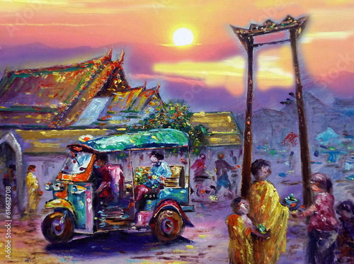 Photography hand painted original impressionism art oil painting fine art thailand tuk tuk c