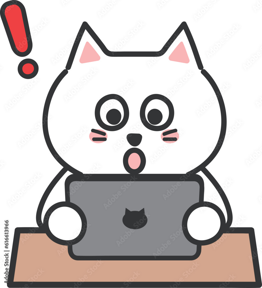 Surprised white cartoon cat using a tablet computer, vector illustration. Surprised white cartoon cat using a tablet computer, vector illustration.