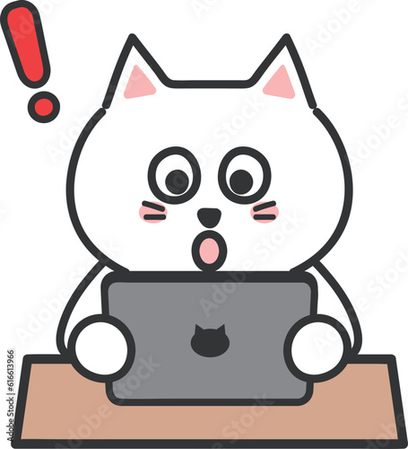 Surprised white cartoon cat using a tablet computer, vector illustration.