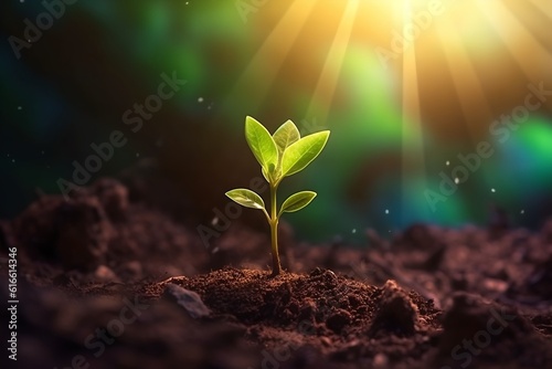 Young plant growing in sunlight, generative ai