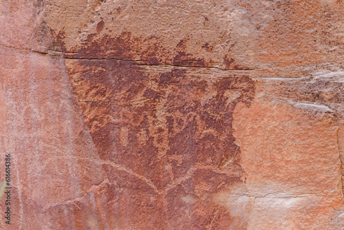 Petroglyph Panels in Capitol Reef National Park near Fruita, Utah during spring. Selective focus, background blur and foreground blur. 