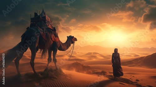 A women muslim riding camel in a desert