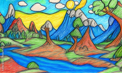 Fantasy landscape children drawing, Generative AI Illustration