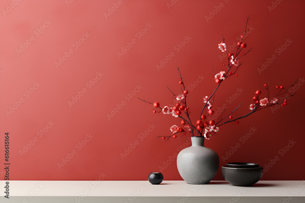 Chinese New Year-Inspired Interior Design Concept Featuring Cherry Blossoms and Traditional Red Accents Chinese New Year-Inspired Interior Design Concept Featuring Cherry Blossoms and Traditional Red Accents