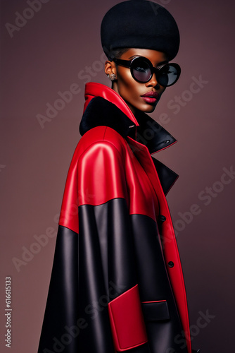 Modern high fashion. Woman, african american woman in a red leather coat and sunglasses posing for a magazine, fashion photography, vorticism. Generative AI, generative, AI