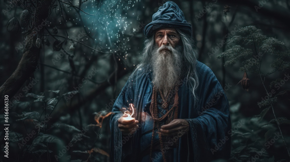 A wizard with a long beard casts a spell in a dense forest