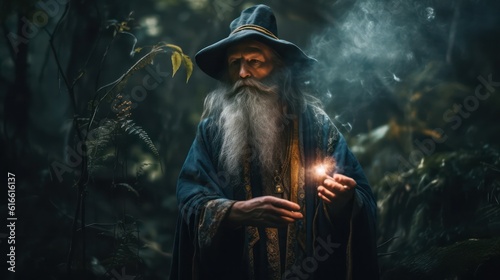 A wizard with a long beard casts a spell in a dense forest