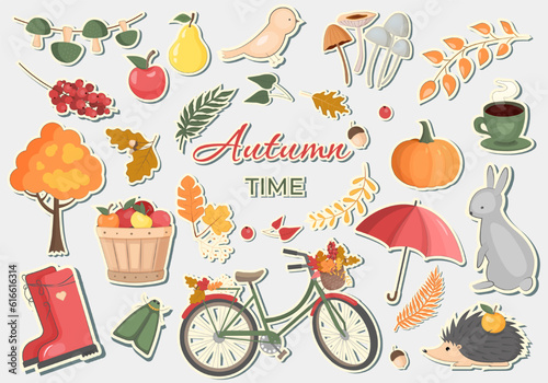 Vector collection with autumn stickers. Autumn sticker set with leaves, pumpkin, forest animals and other symbols of fall.