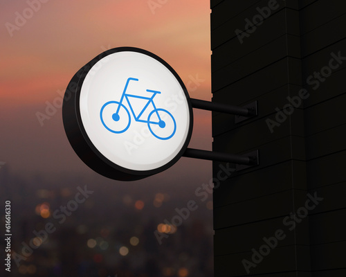 Bicycle icon on hanging black rounded signboard over blur of cityscape on warm light sundown, Business bicycle service concept, 3D rendering