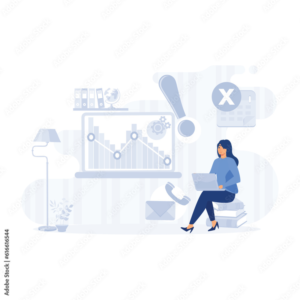 Tired and exasperated office, worker is grabbed his head among piles of papers and documents. flat modern vector illustration Tired and exasperated office, worker is grabbed his head among piles of papers and documents. flat modern vector illustration