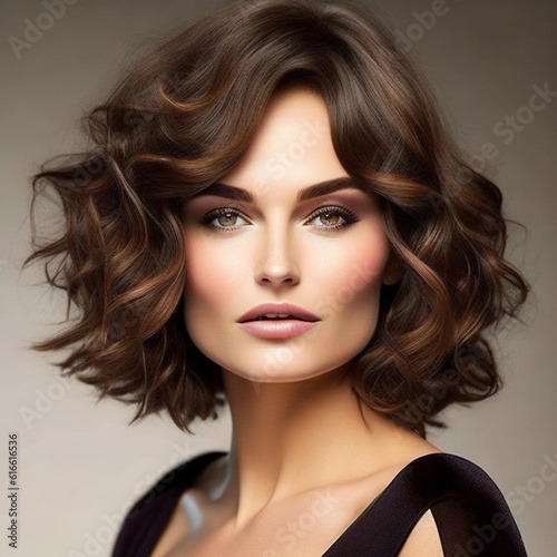 Imagine a radiant photograph of a woman with a voluminous, wavy bob, showcasing her confidence and style, generative ai.