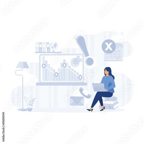 Tired and exasperated office, worker is grabbed his head among piles of papers and documents. flat modern vector illustration