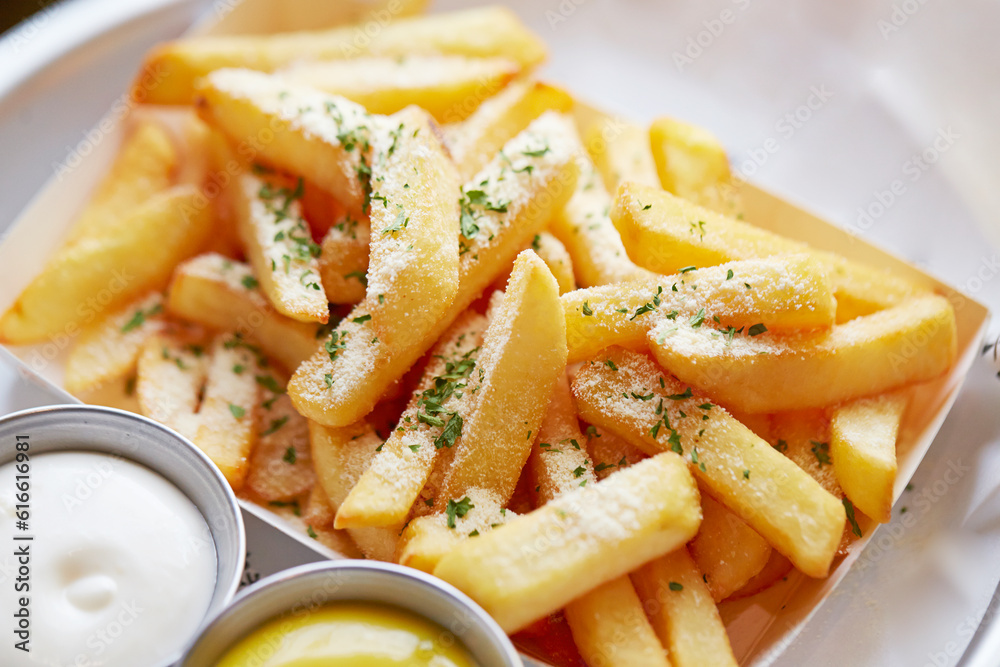 french fries with ketchup and mustard