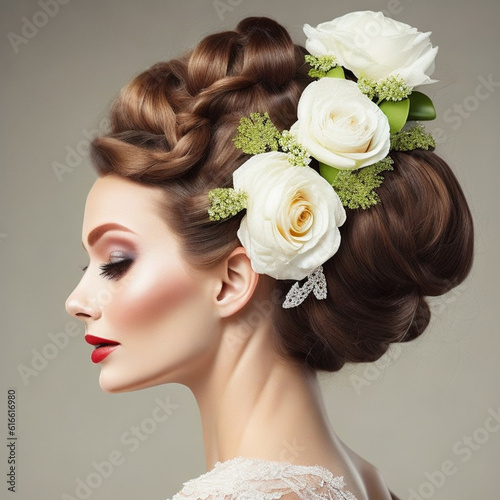 Create an elegant image of a woman with a classic updo hairstyle, adorned with delicate flowers, generative ai.