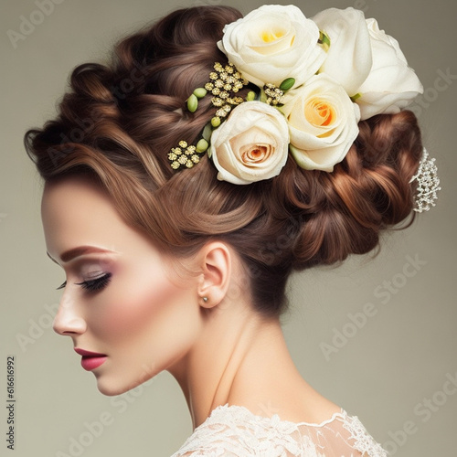 Create an elegant image of a woman with a classic updo hairstyle, adorned with delicate flowers, generative ai.