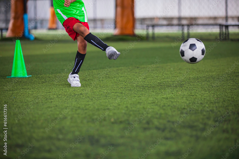 Soccer ball tactics children kick to control the ball on a grass field for the training Soccer ball tactics children kick to control the ball on a grass field for the training