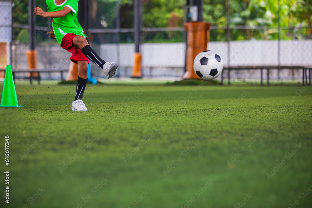Obraz premium Soccer ball tactics children kick to control the ball on a grass field for the training