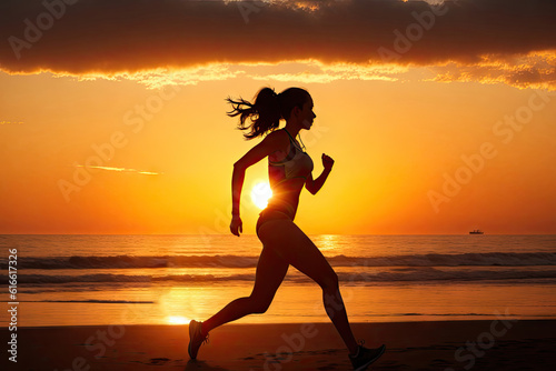 young fitness woman runner running on sunrise beach  ai generative