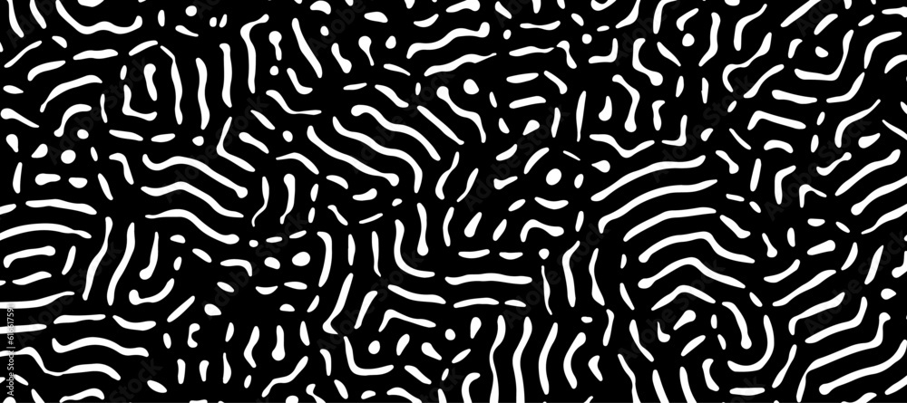 Abstract black and white organic pattern created using a computer generative algorithm called reaction-diffusion.