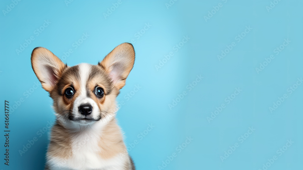 Closeup on cute corgi puppy dog face isolate on light blue background with copy space that you can put any text. Digital illustration generative AI.