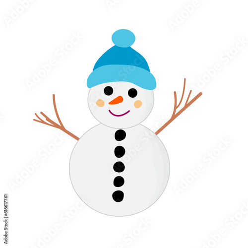 Christmas icon smiling snowman in knitted blue hat with broom isolated on transparent and white background. Festive element for design decoration. Winter vector illustration in cartoon flat style.