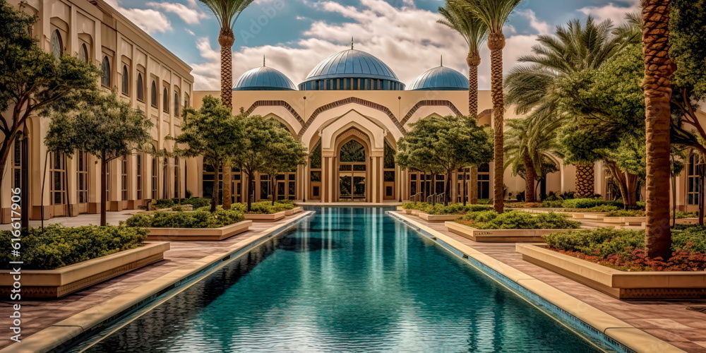 scenic mosque courtyard with beautiful architecture, lush gardens, and a peaceful atmosphere. Generative AI