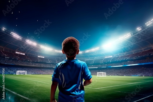 football field where a boy scores a goal, rejoicing in his success.
