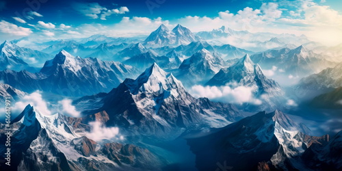 awe-inspiring aerial view of a vast mountain range, with snow-capped peaks piercing through the clouds, deep valleys, and winding hiking trails leading to breathtaking viewpoints Generative AI