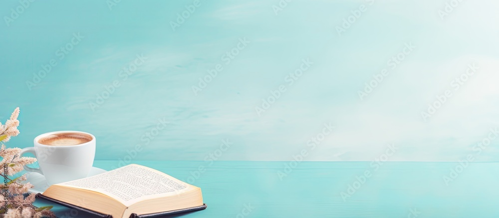 A cup of coffee and an open book on a table created with Generative AI technology A cup of coffee and an open book on a table created with Generative AI technology
