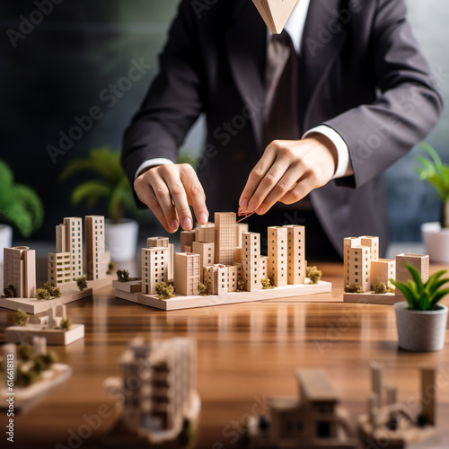 Close-up man hand arranging wood block building city design