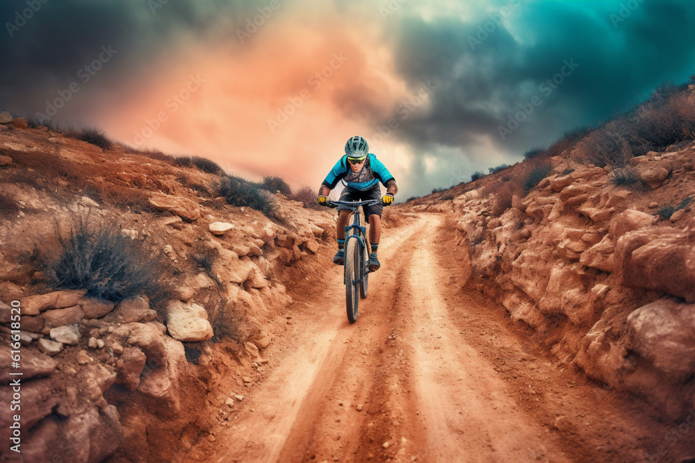 Fototapeta premium mountain bike in the sunset generative AI