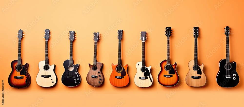 Naklejka premium A row of guitars lined up against an orange background created with Generative AI technology