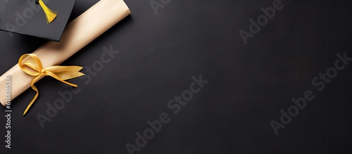 A graduation cap and diploma on a black background created with Generative AI technology