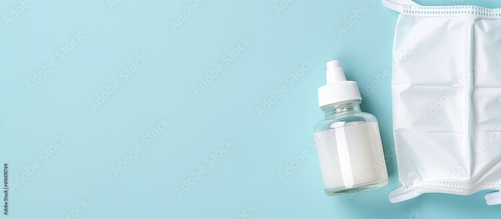 A bottle of liquid next to a bag on a blue background created with Generative AI technology