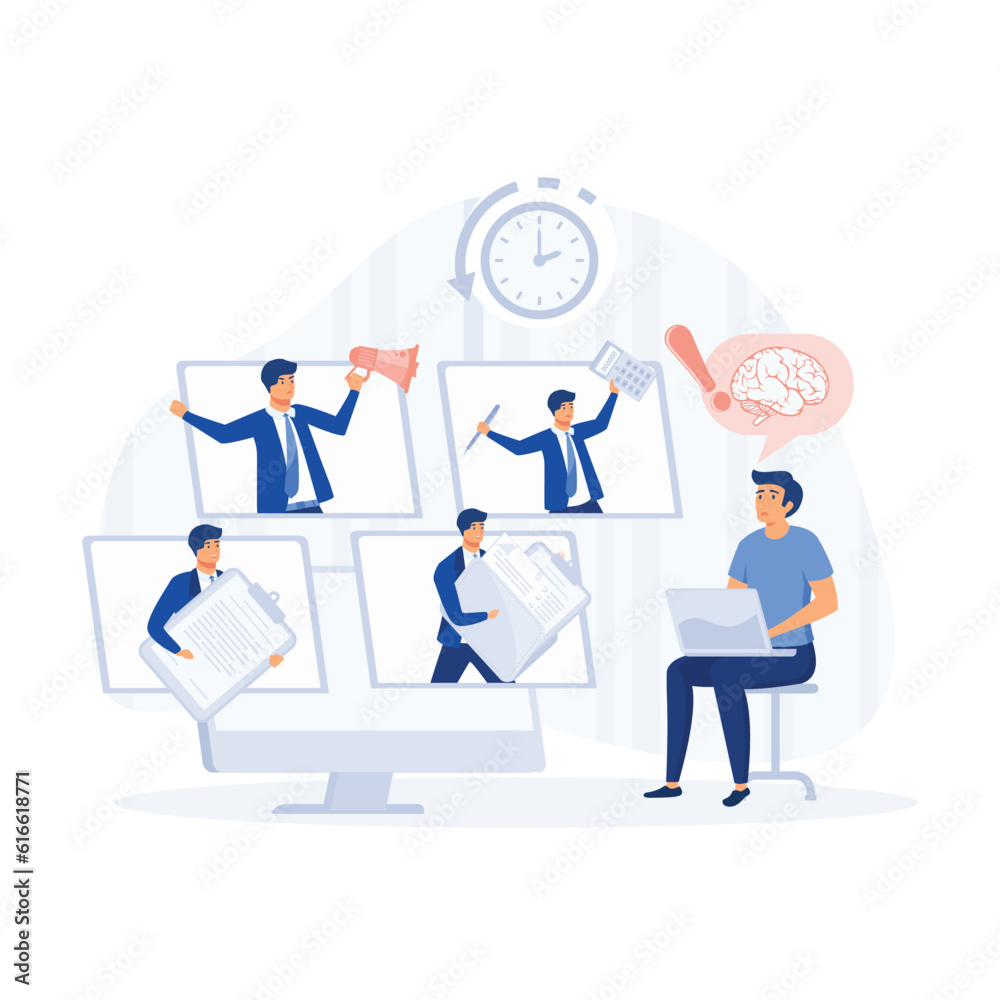 Business Man Surrounded by Hands with Office Things, Multitasking and Time Management Concept. flat modern vector illustration