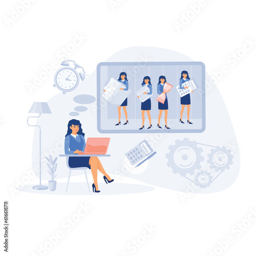 Happy business man with multitasking, skills sitting at his laptop with office icons on a background. Multitasking time management and productivity concept. flat modern vector illustration