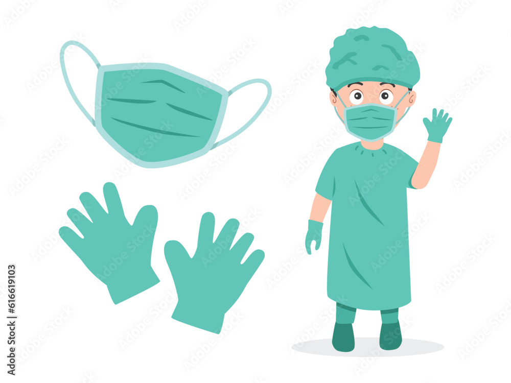 Surgical uniform clipart cartoon style. Surgeon with surgical mask and surgical gloves flat vector illustration hand drawn doodle style. Hospital and medical concept
