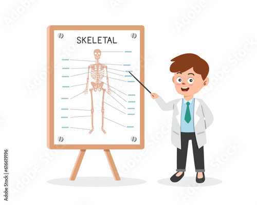 Skeletal System clipart cartoon style. Doctor presenting human skeletal system medical seminar flat vector illustration hand drawn. Skeleton, bones, spine. Hospital, medical, doctor conference concept