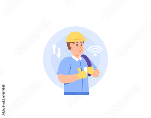 Illustration of a man working as a fiber optic technician. carry fiber optic cable. field or outdoor workers. communication, internet, network. occupation or profession. Illustration character design