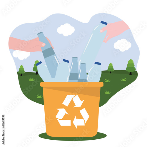 vector eco zero waste sorting composition with image of hands dropping plastic bottles into separate  trash can plastic flat design