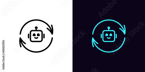 Outline bot update icon, with editable stroke. Update arrows with AI bot sign, chat bot restart and smart upgrade. Reload virtual assistant, update AI algorithms, renew control commands