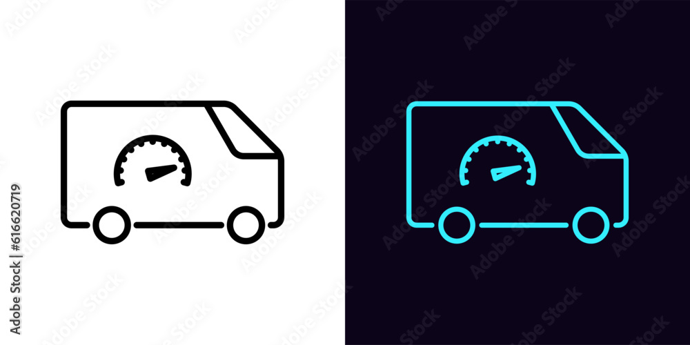 Outline express delivery icon, with editable stroke. Minivan with speedometer sign, fast delivery service. Auto courier service, high speed shipment, world express shipping, fast van