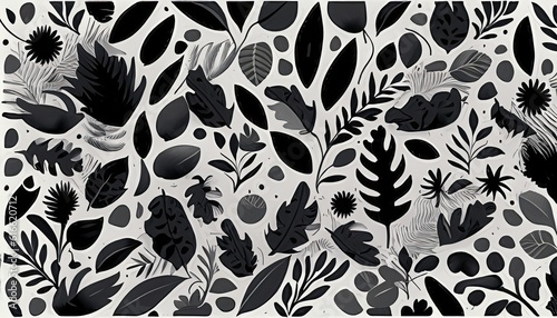 Monochromatic vector background with scattered 
abstract black leaves, flowers. Random cutout dark 
tropical foliage collage, ornamental texture, 
cute decorative pattern generative ai